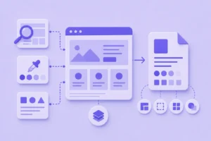 Ilustração minimalista de documentar design system site existente em tons de roxo