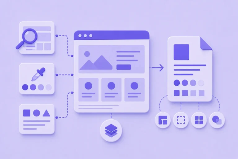 Ilustração minimalista de documentar design system site existente em tons de roxo