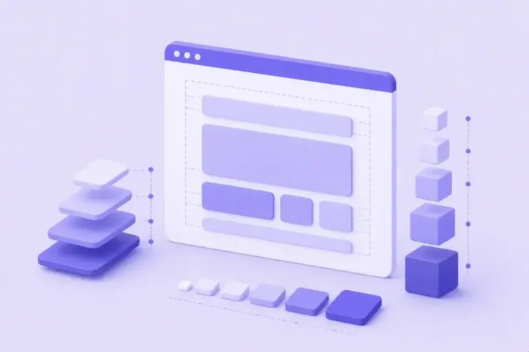 Ilustração isométrica minimalista de blocos e escala de espaçamento em interface digital em tons de roxo