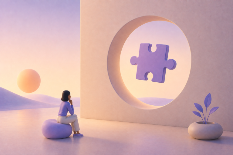 Cena 3D com pessoa sentada em almofada ao lado de peça de puzzle em letreiro e planta decorativa
