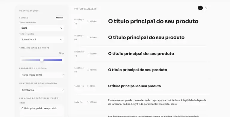 Gerador de escala tipográfica para design system com preview em tempo real — fontes Sora e Source Sans 3 com proporção Terça maior 1,25