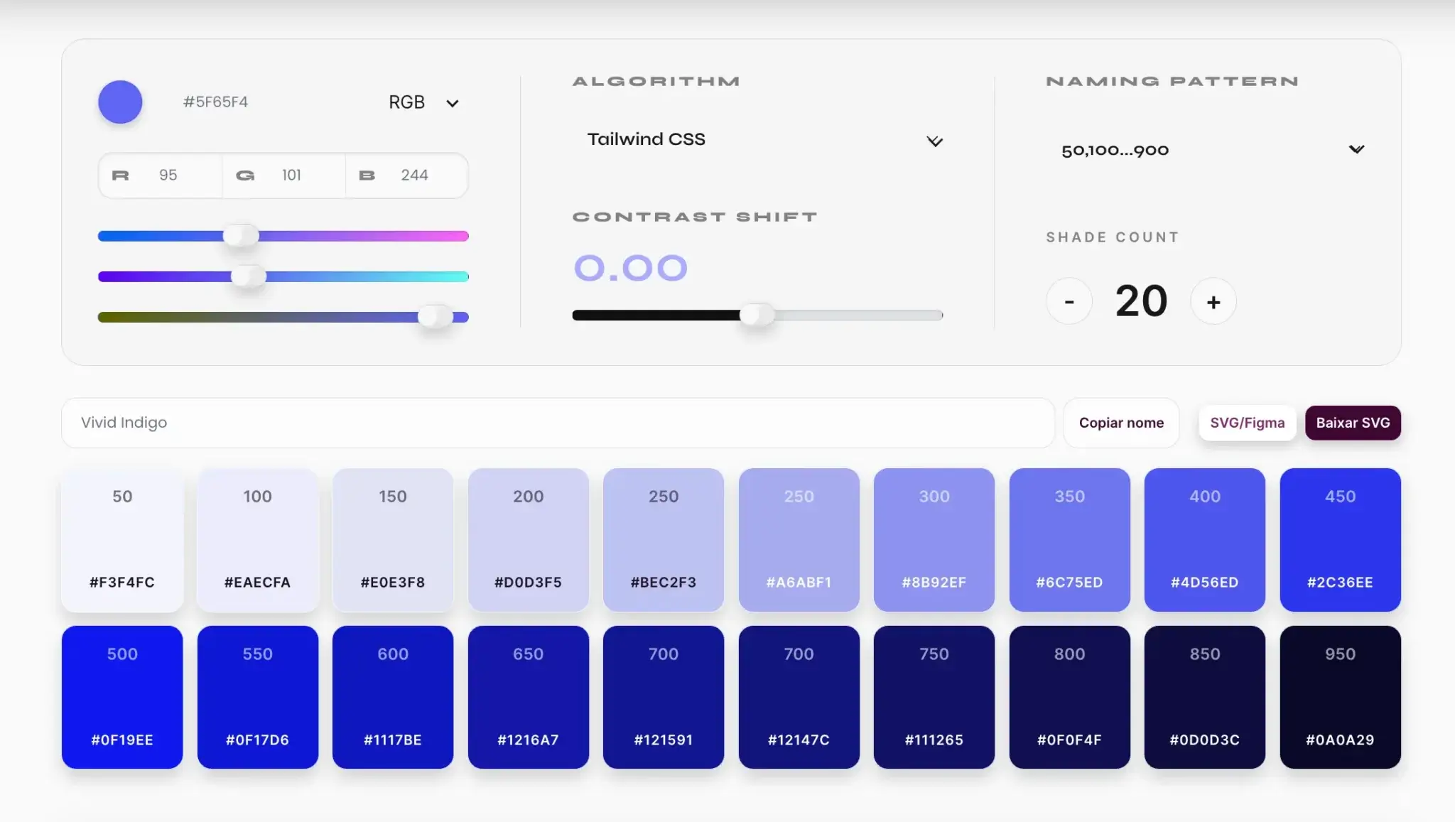 Como Criar uma Paleta de Cores para Design System: Escala 50-900 no Tailwind e CSS | 1 | Camaraux, consultoria em UX design, projetos centrados no usuário Interface de gerador de paleta de cores com escala de 50 a 950 em tons de azul e roxo.