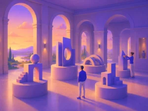 Galeria ao pôr do sol com esculturas geométricas em pedestais e duas pessoas observando as peças
