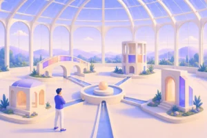 Homem observa ambiente conceitual em cúpula de vidro com pontes, fontes, canais de água e mini construções em tons pastéis