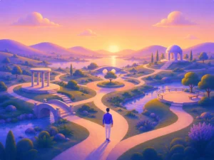 Pessoa caminhando por caminhos sinuosos em parque conceitual ao pôr do sol com pontes e pavilhões