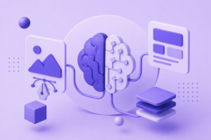 Ilustração minimalista de inteligência artificial para designers com elementos criativos em roxo