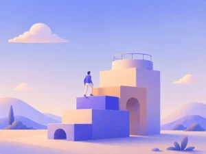 Pessoa subindo degraus geométricos em tons pastel em paisagem minimalista com nuvens