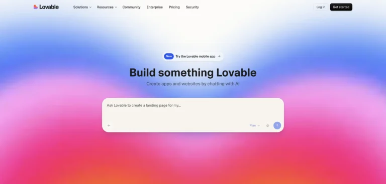 Interface do aplicativo Lovable com gradientes suaves e opção para criação de páginas.