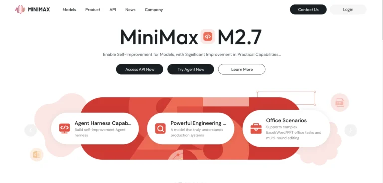Interface do MiniMax destacando suas capacidades de autoaperfeiçoamento e engenharia poderosa.