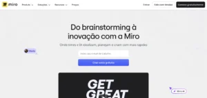Página inicial do Miro, destacando funcionalidades de colaboração e brainstorming.