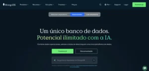 Interface do MongoDB destacando recursos de banco de dados com design moderno e elementos visuais atrativos.