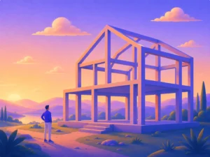 Estrutura esquelética de uma casa ilustrada em tons roxos e laranja, com pessoa olhando ao pôr do sol