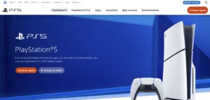 Console PlayStation 5 em destaque com fundo azul e interface moderna, voltado para o entretenimento digital.