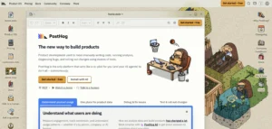 Interface do Posthog com elementos de design moderno e um personagem em um ambiente de trabalho