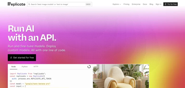 Interface do site Replicate com textos e um sofá na parte inferior.