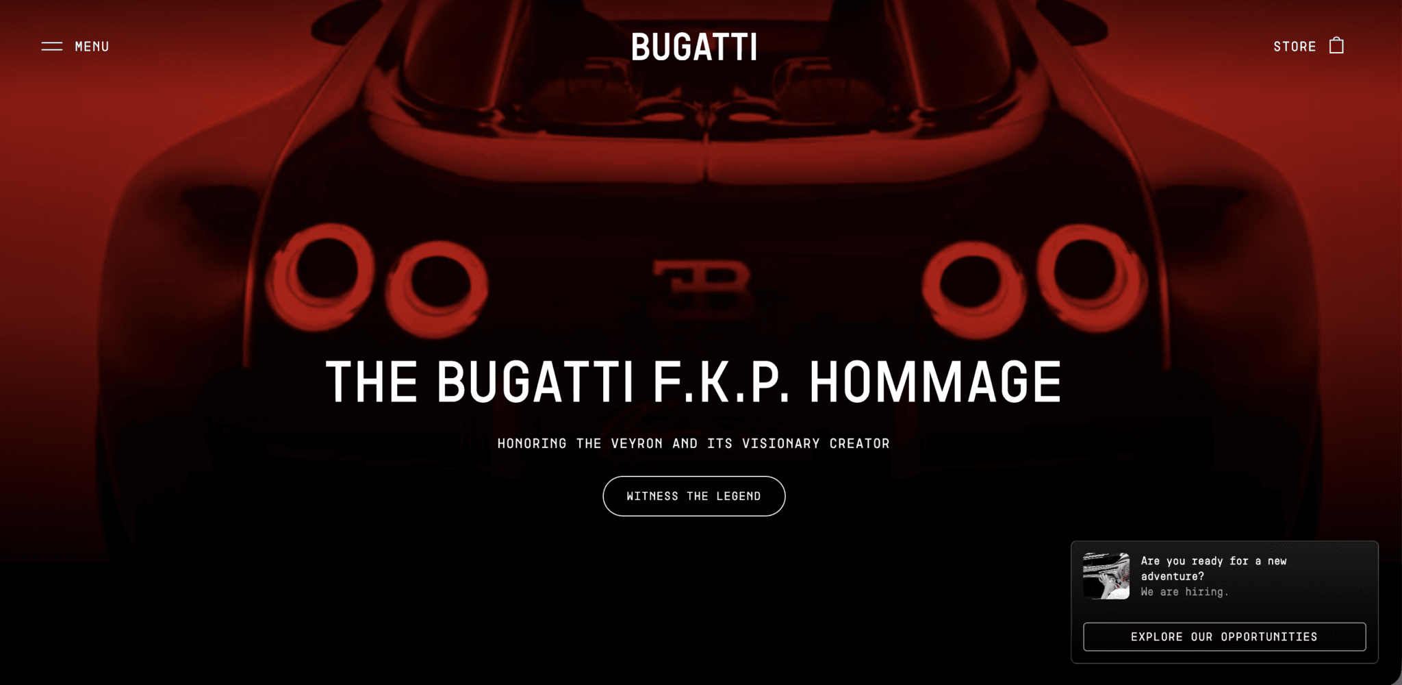 Tela inicial do site da Bugatti, destacando o modelo F.K.P. Hommage com fundo vermelho e preto.