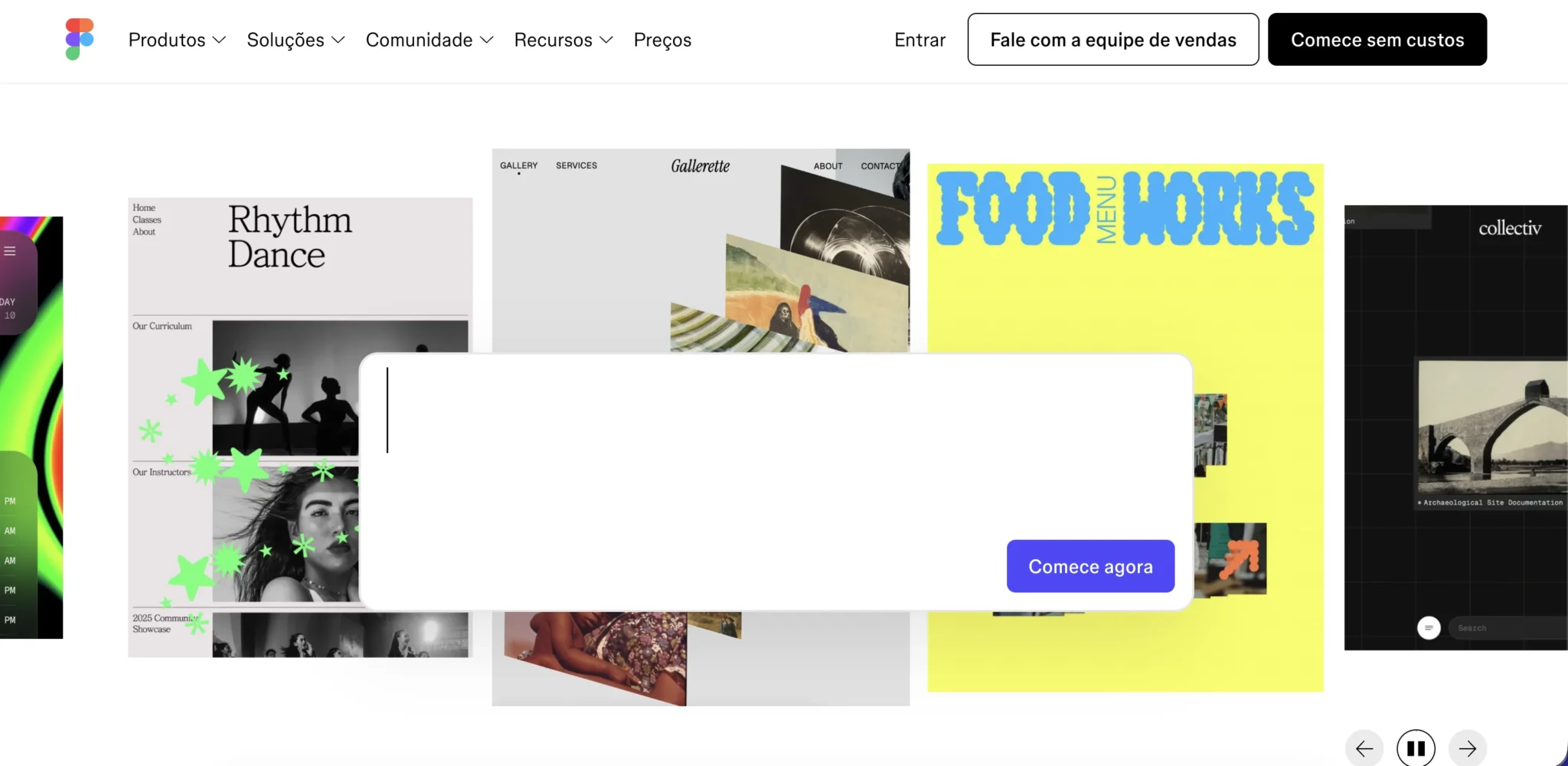 Interface do Figma mostrando diferentes layouts e imagens de design gráfico.