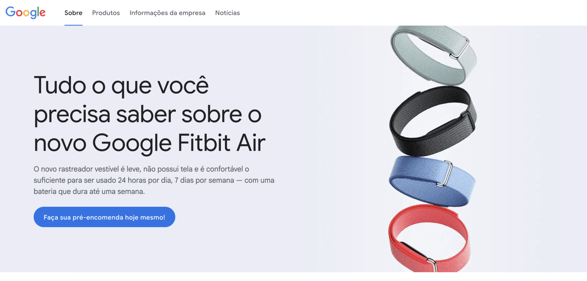 Braçadeiras do Google Fitbit Air em cores variadas, sobre fundo branco, destacando design moderno.