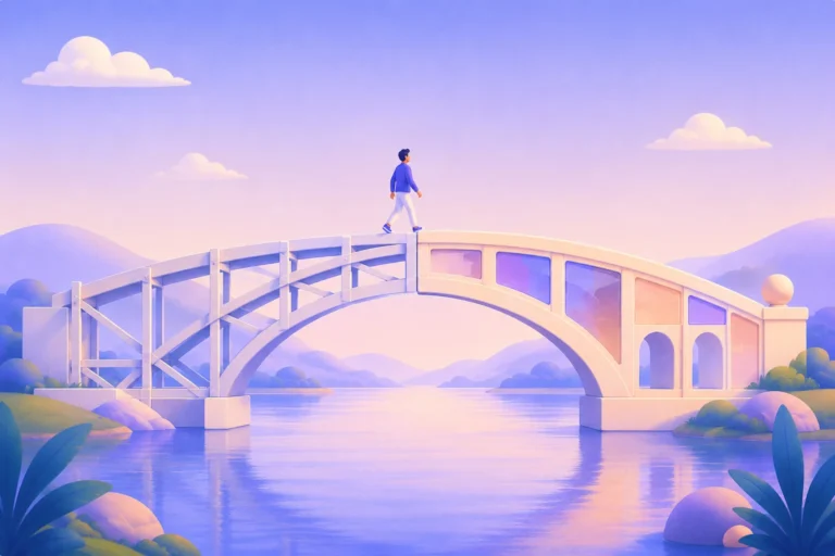 Pessoa caminhando sobre ponte arqueada em cenário pastel com água calma e colinas ao fundo.