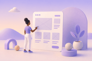 Pessoa apontando para um wireframe com ícones de envelope, botões e botões de interface em estilo 3D