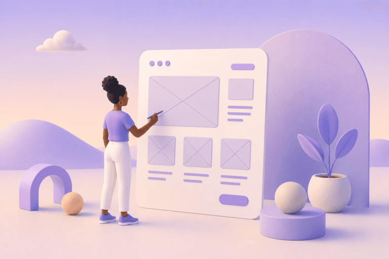 Pessoa apontando para um wireframe com ícones de envelope, botões e botões de interface em estilo 3D