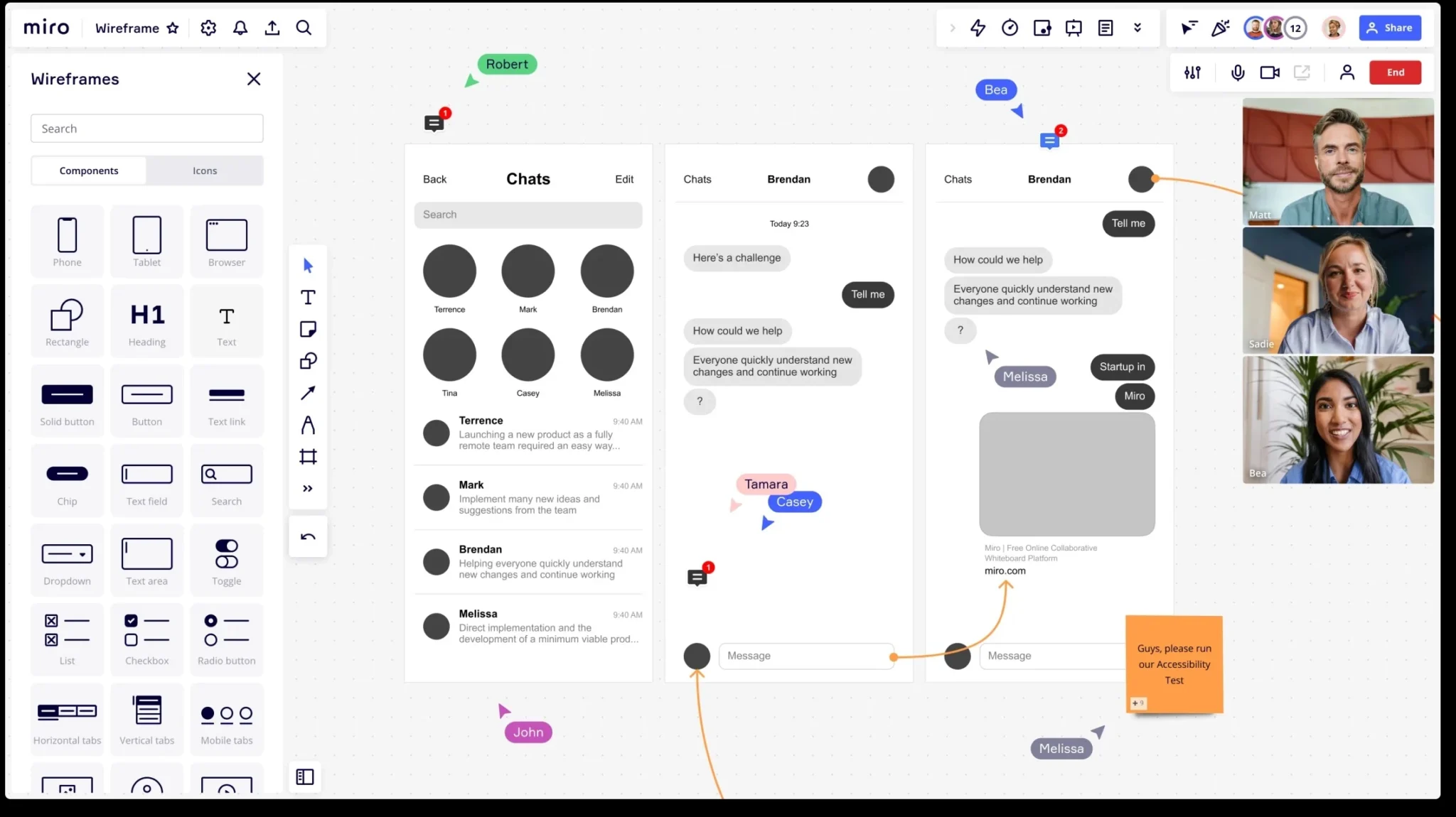 O que é wireframe: guia completo para iniciantes em UX | 5 | Camaraux, consultoria em UX design, projetos centrados no usuário Wireframe de chat colaborativo no Miro com comentários, videoconferência e nota sobre teste de acessibilidade
