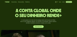 Layout do site da fintech Wise com cores vibrantes e texto em destaque sobre investimentos.