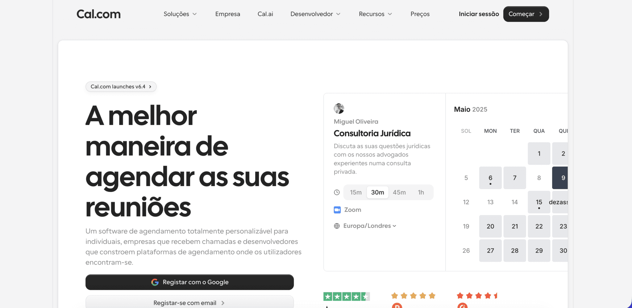 Interface do Cal.com com opções de agendamento e calendário para reuniões.