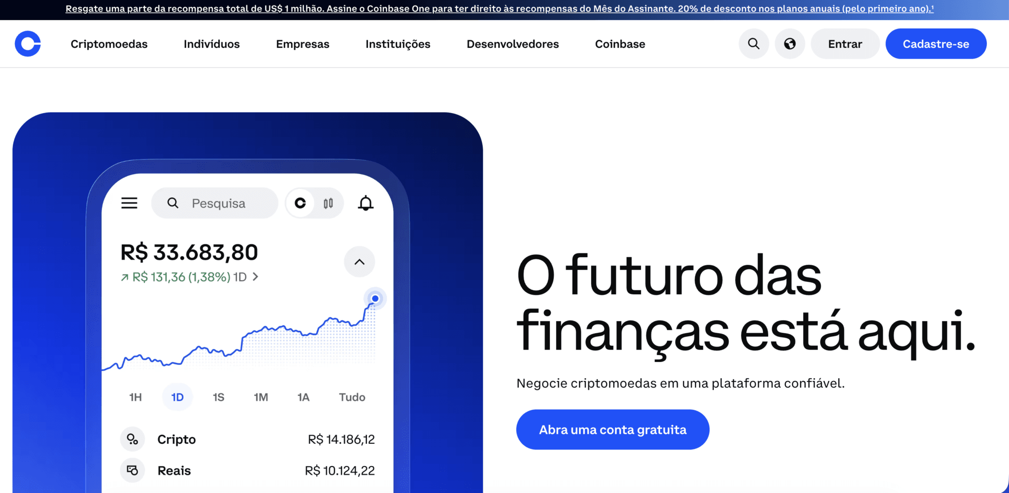 Gráfico de crescimento e interface da plataforma Coinbase em fundo azul.