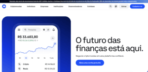 Gráfico de crescimento e interface da plataforma Coinbase em fundo azul.