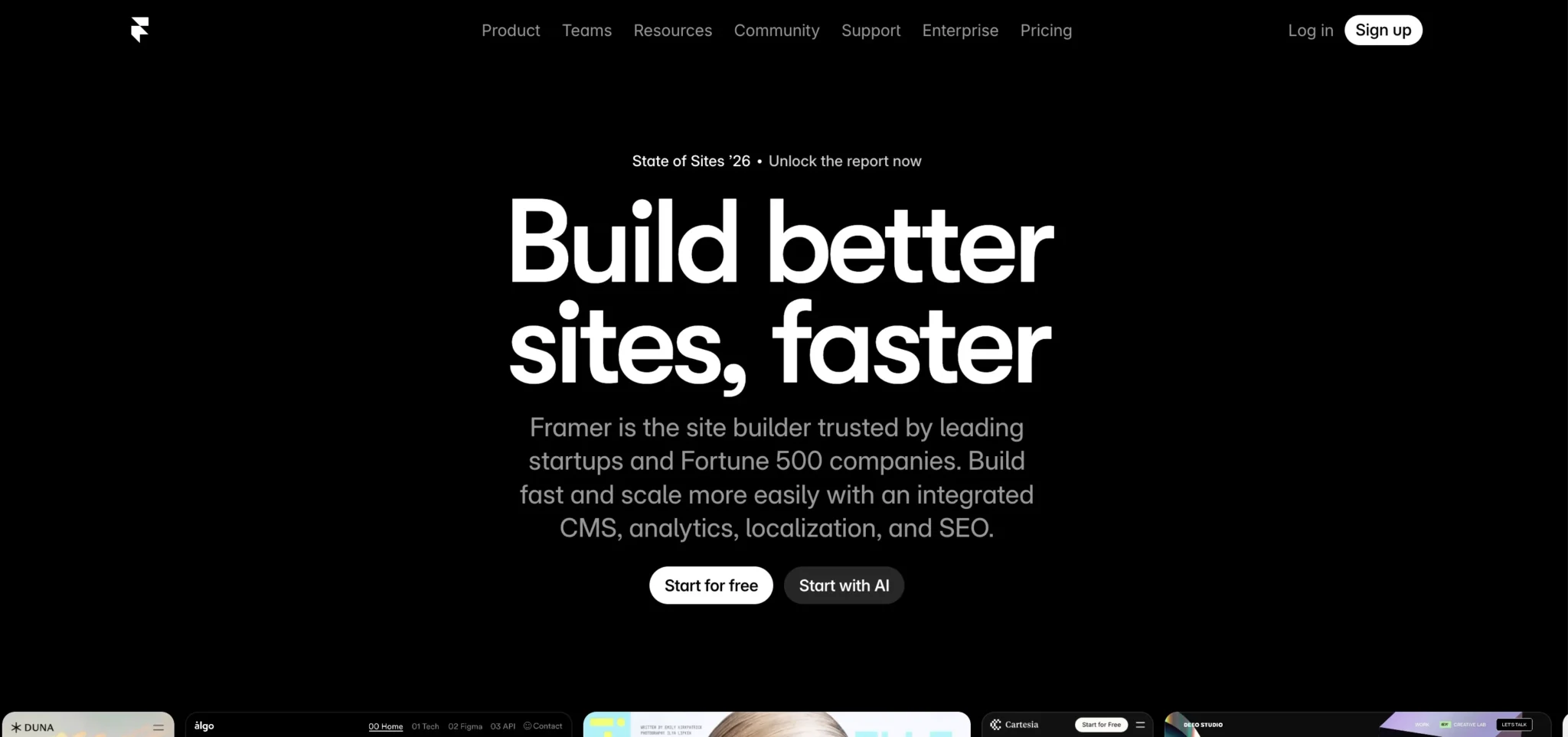 Texto em destaque sobre construção de sites com Framer em fundo escuro.