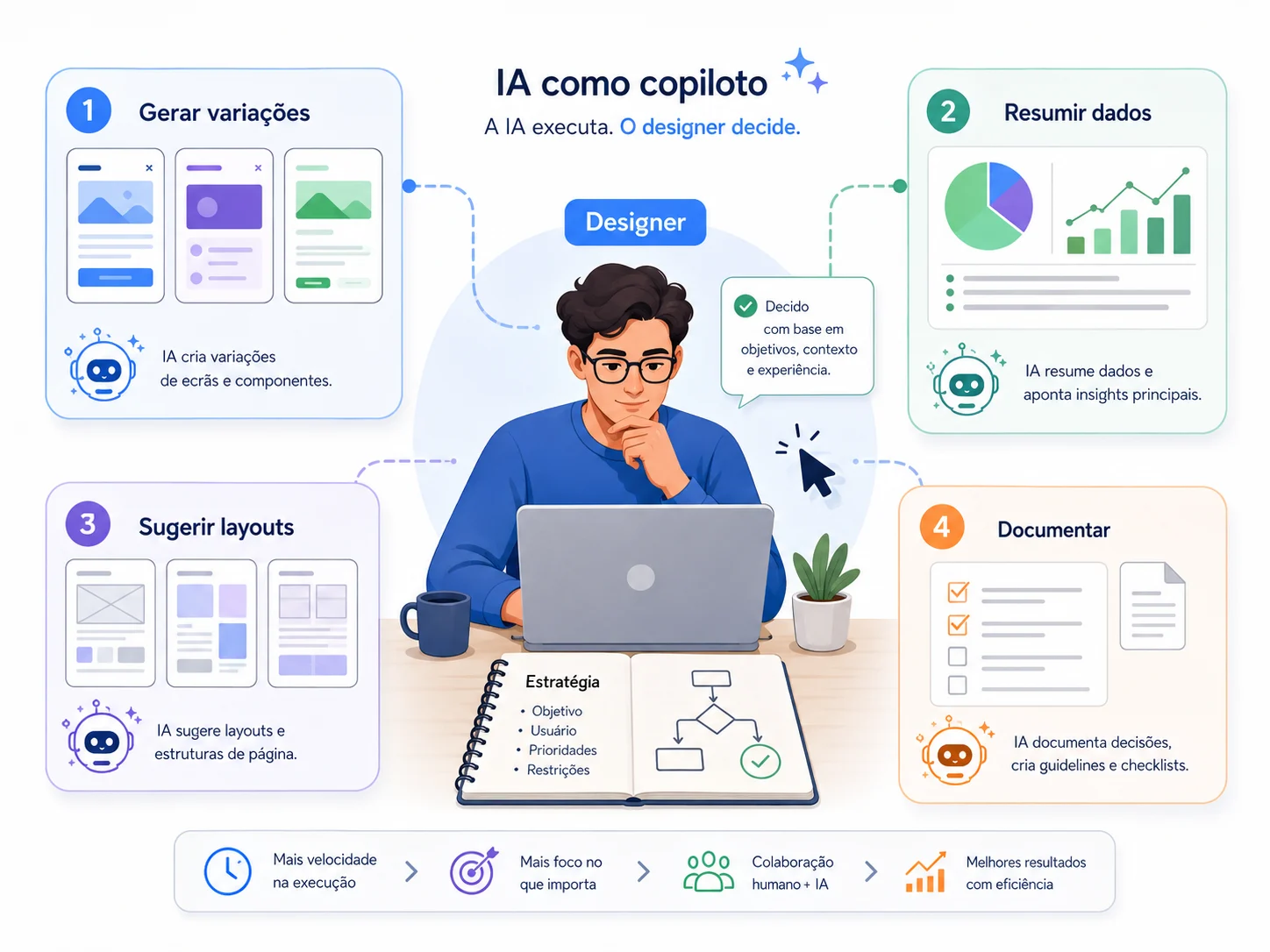 Inteligência Artificial para Designers: o Guia Completo para Usar IA no Seu Trabalho | 2 | Camaraux, consultoria em UX design, projetos centrados no usuário Ilustração conceitual sobre colaboração entre designer e inteligência artificial