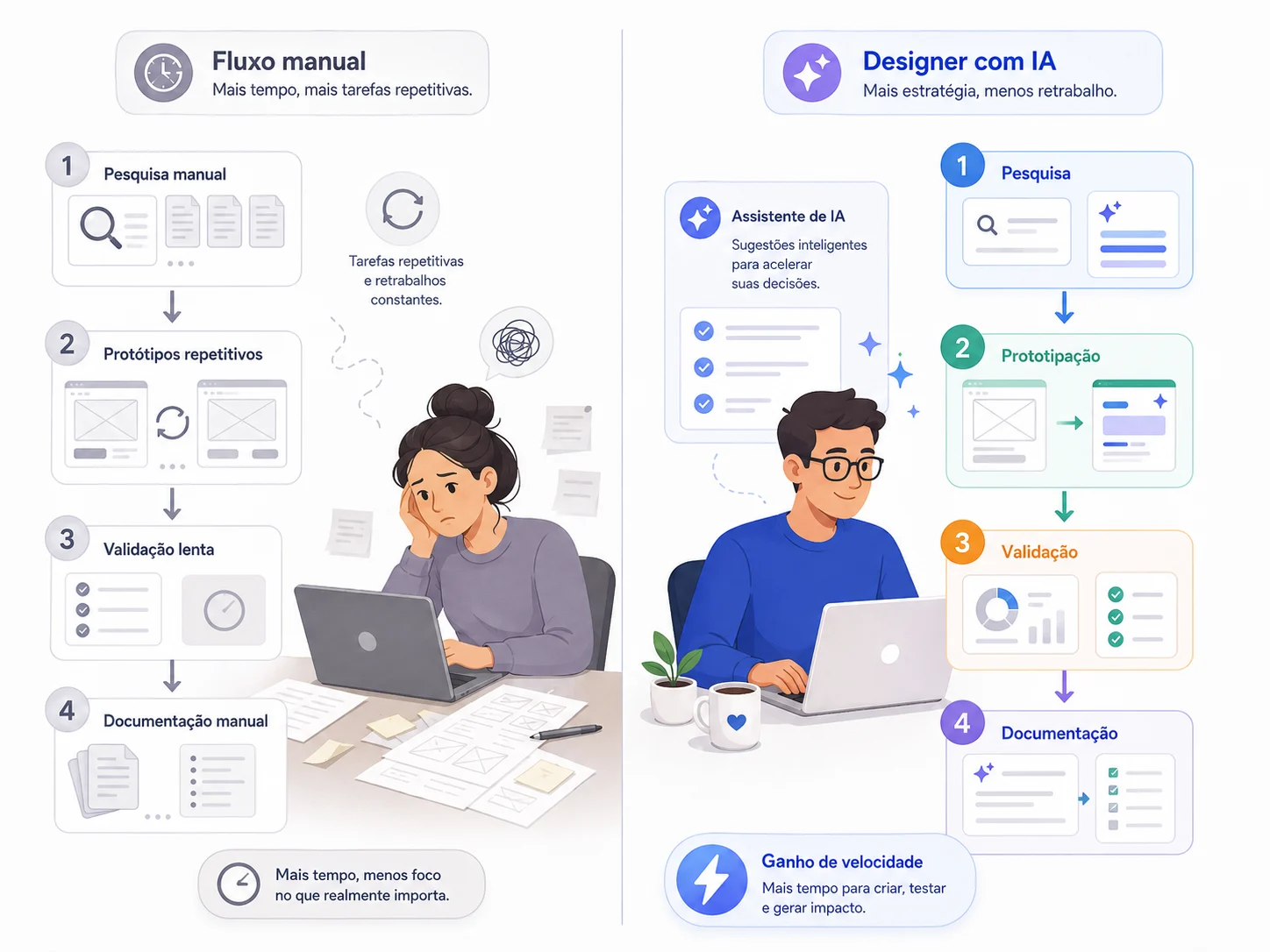 Inteligência Artificial para Designers: o Guia Completo para Usar IA no Seu Trabalho | 1 | Camaraux, consultoria em UX design, projetos centrados no usuário Ilustração conceitual sobre a transformação do trabalho de design com inteligência artificial