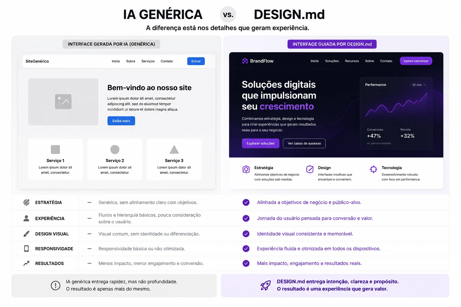 Comparativo entre interface genérica criada por IA e interface guiada por DESIGN.md.