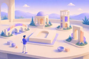 Pessoa observando maquete arquitetônica minimalista com pontes, torres e formas geomométricas em tons pastéis