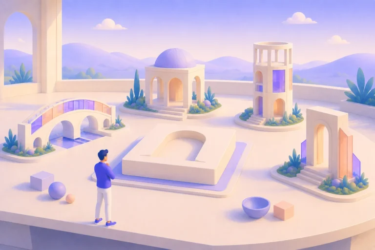 Pessoa observando maquete arquitetônica minimalista com pontes, torres e formas geomométricas em tons pastéis