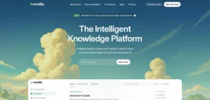 Plataforma Mintlify destacada com um céu azul e nuvens, focada em documentação técnica.