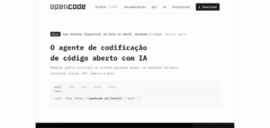 Interface escura do Opencode, ferramenta de codificação com IA, exibindo modelo de código aberto.