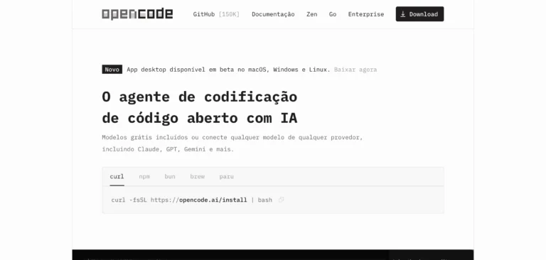 Interface escura do Opencode, ferramenta de codificação com IA, exibindo modelo de código aberto.