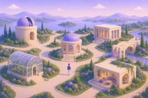 Caminho em cenário futurista com cúpulas e edificações em miniatura cercadas por jardins