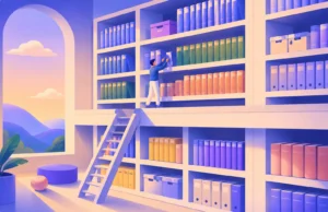 prateleiras organizando Arquitetura da Informação Pessoa organizando livros em uma estante alta com escada