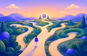 user flow Pessoa caminhando em estradas sinuosas que se dividem rumo a um orbe roxo no horizonte