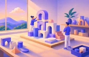 Duas pessoas organizando blocos geométricos coloridos para formar um modelo em um estúdio iluminado