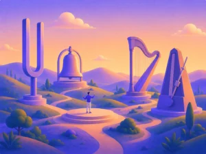 Homem em pedestal regendo instrumentos gigantes — diapasão, sino, harpa e metrônomo — em colinas ao entardecer