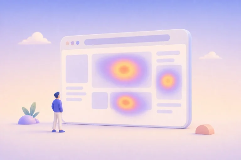 Ilustração minimalista de uma pessoa analisando um mapa de calor em uma grande interface