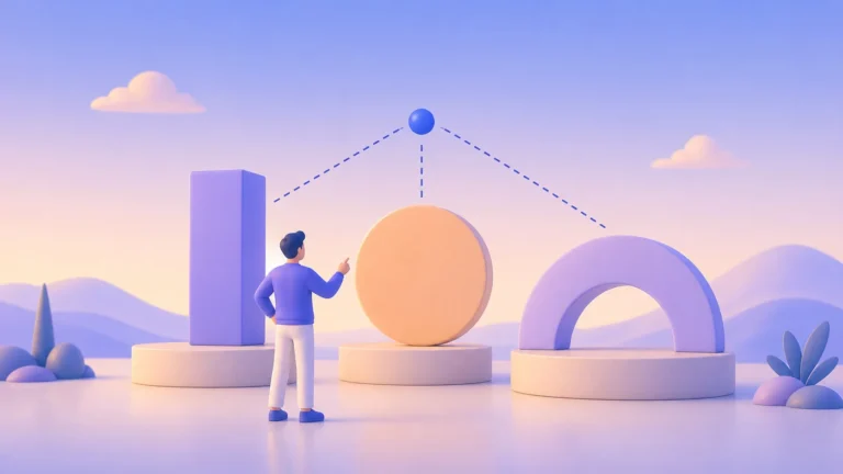 Pessoa comparando três indicadores geométricos em uma ilustração 3D minimalista sobre métricas de UX