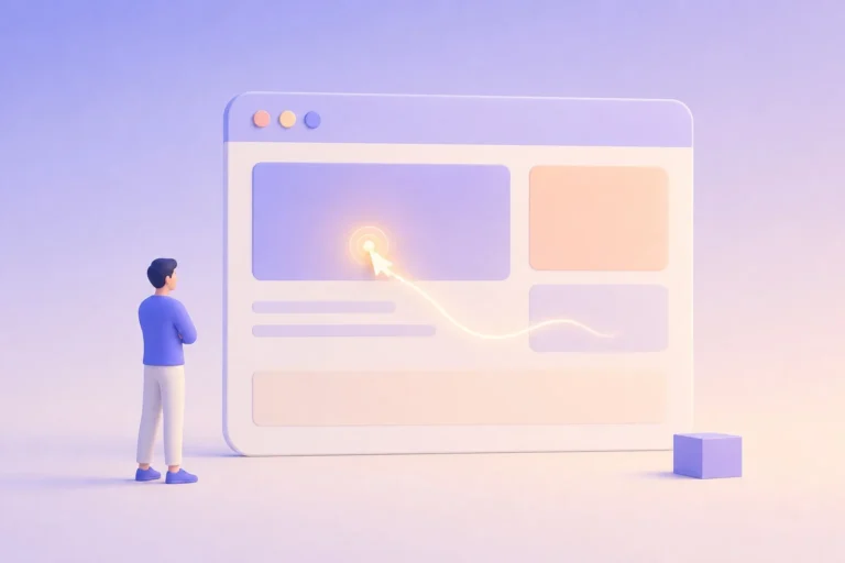Ilustração minimalista de uma pessoa observando um clique e o caminho do cursor em uma interface