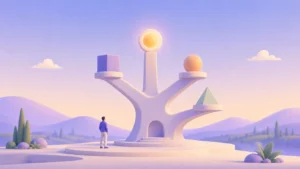 Ilustração de uma Opportunity Solution Tree representada por uma estrutura com três ramificações e um resultado luminoso