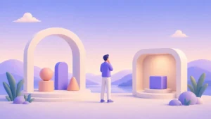 Ilustração sobre pesquisa generativa e avaliativa com uma pessoa entre um espaço de descoberta e uma solução sendo examinada