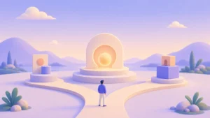 Ilustração de Product Discovery com uma pessoa avaliando caminhos antes de escolher uma oportunidade de produto